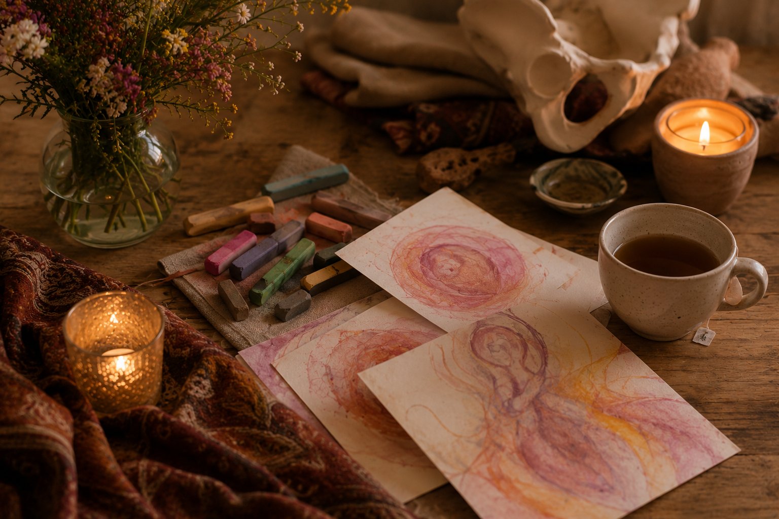 Hands working with soft pastels, tea and candlelight at a Birth Art gathering