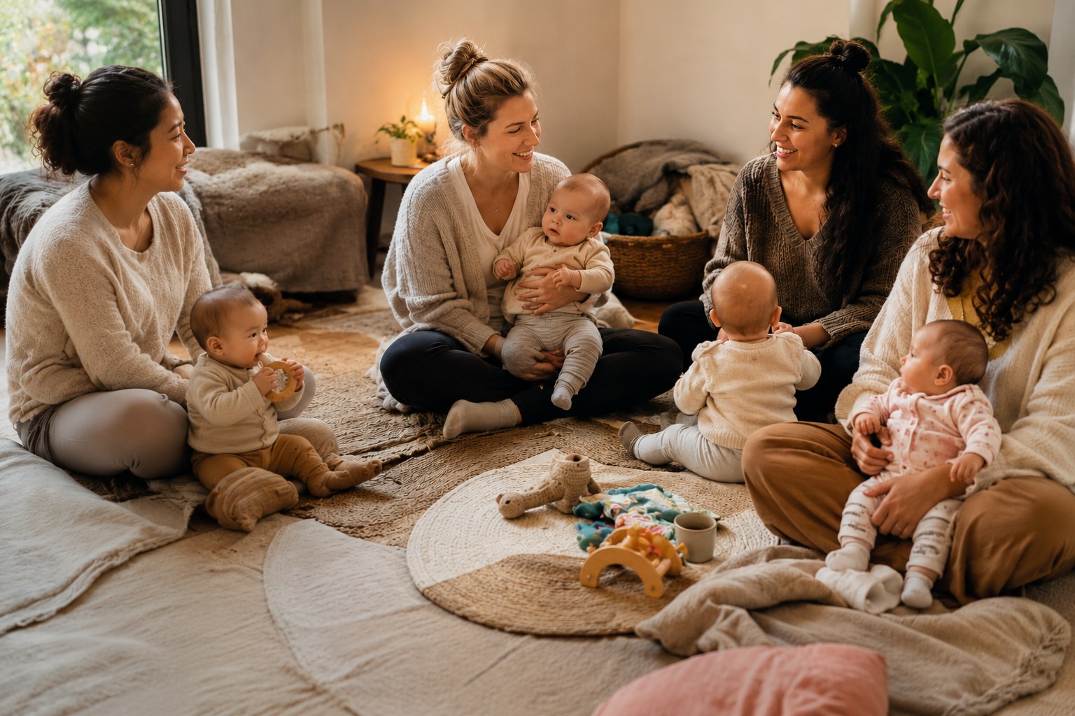 Mothers and babies settled together on cushions and mats in a warm room