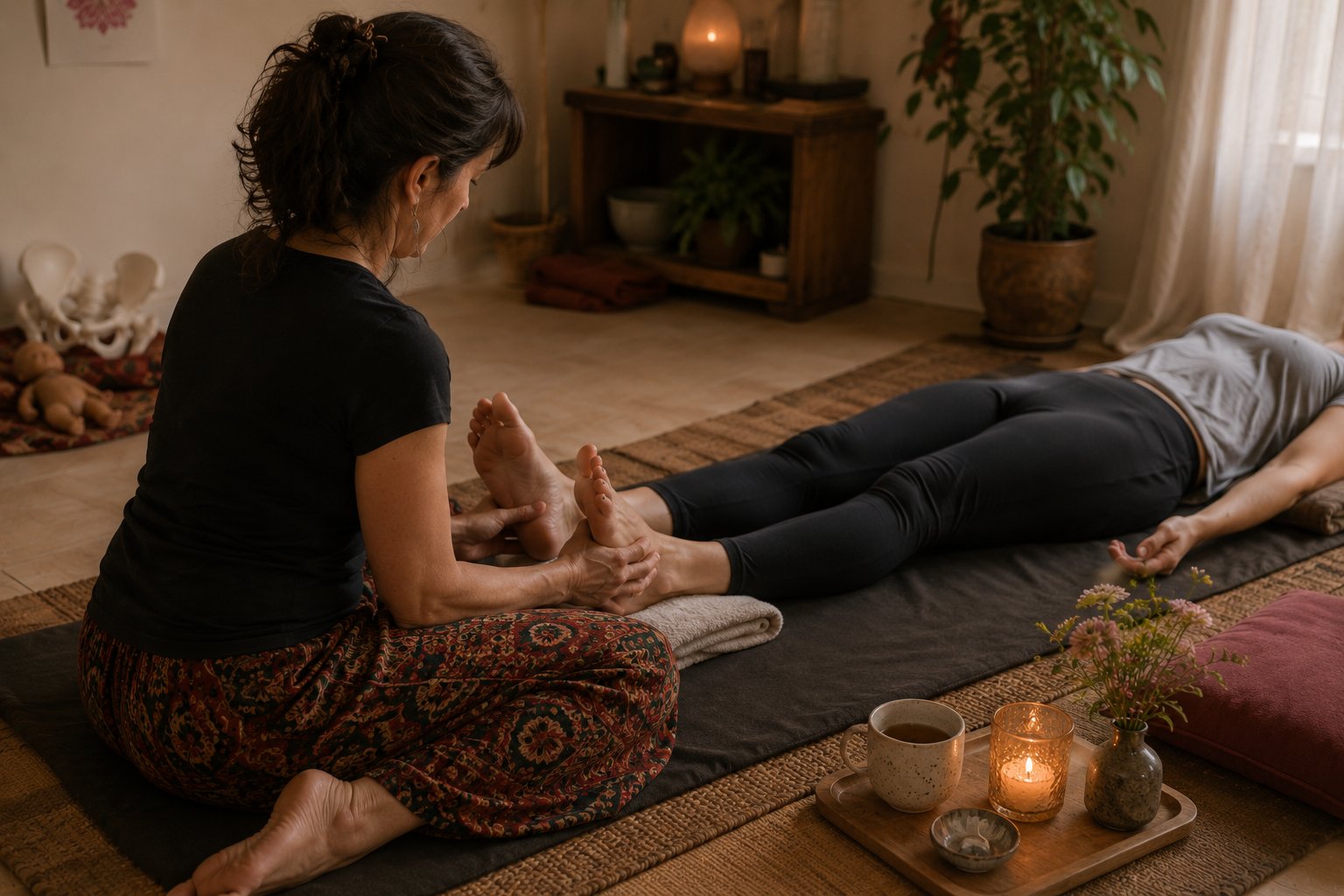 Fully clothed Thai massage on a floor mat in a warm home setting